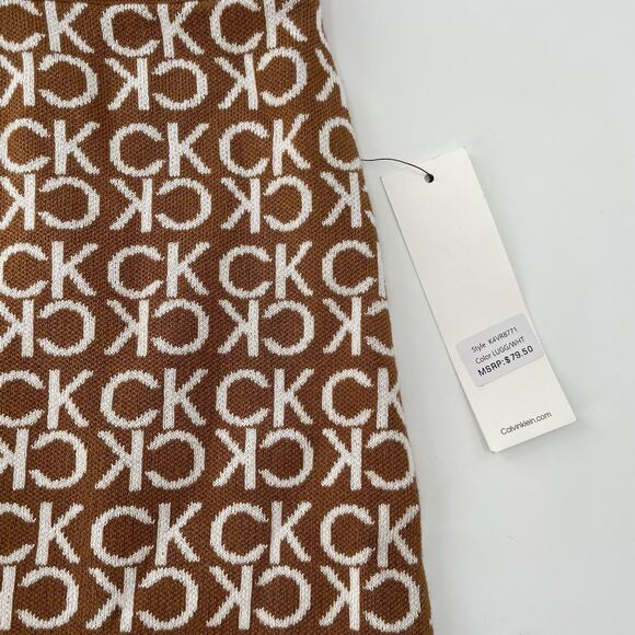 Calvin Klein Pencil Skirt CK Monogram Logo Tan White Stretch Knit Large $80 MSRP - Picture 2 of 6